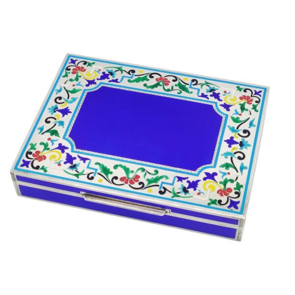 Salimbeni Sterling Silver Box with fired enamelled miniatures and hand-engraved borders,