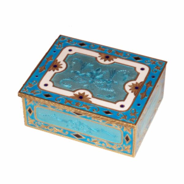 Sterling Silver Shaped Snuff Box in Engraved by Hand with Fire Enamel 3 Colors