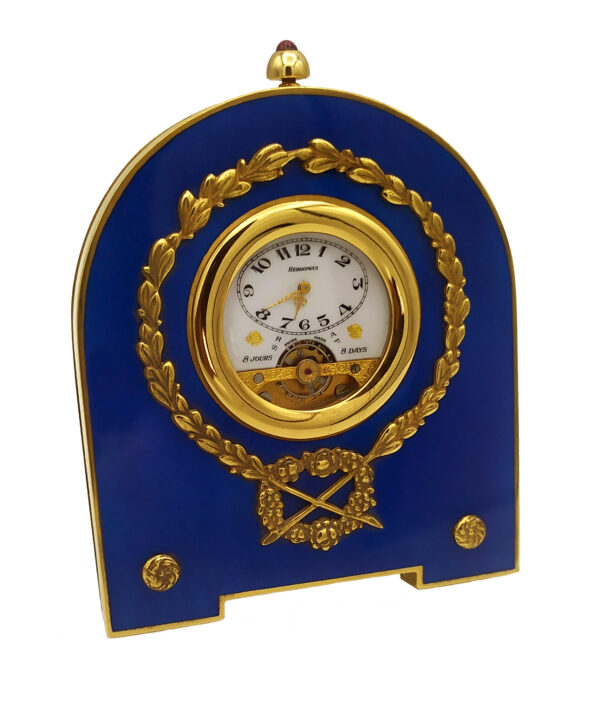 Table Clock Empire style blu enamel sterling silver.