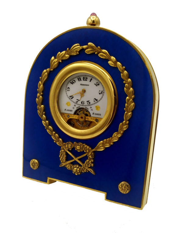 Table Clock Empire style blu enamel sterling silver.