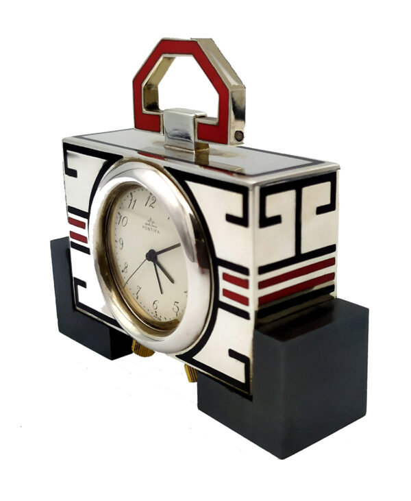 Salimbeni Table Clock Travel Sterling Silver Art Deco design fire enameled BlackRed 2
