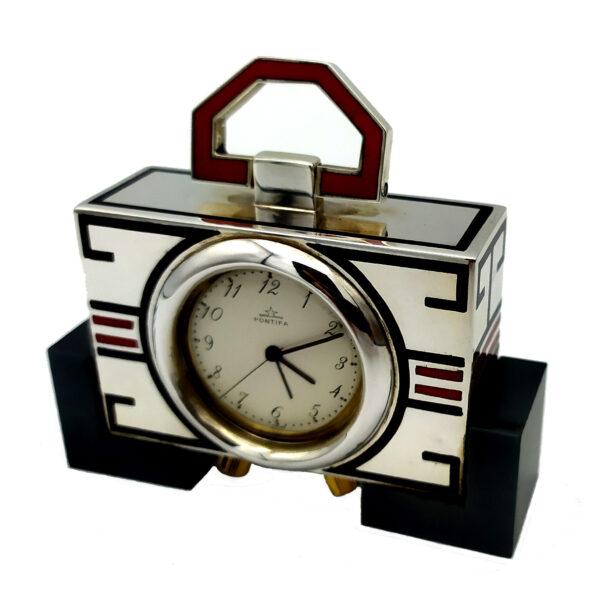 Salimbeni Table Clock Travel Sterling Silver Art Deco design fire enameled BlackRed 3