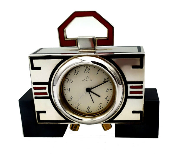 Salimbeni Table Clock Travel Sterling Silver Art Deco design fire enameled BlackRed Main Image