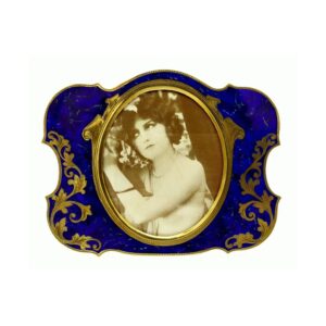 Salimbeni Guilloche Frame Hand-Engraved Shaped photo frame with oval interior in 925/1000 sterling silver gold plated . Oval Shape with blue back ground and goldplated hand-carved decoration.