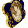 Salimbeni Guilloche Frame Hand-Engraved Shaped photo frame with oval interior in 925/1000 sterling silver gold plated . Oval Shape with blue back ground and goldplated hand-carved decoration. Right side view