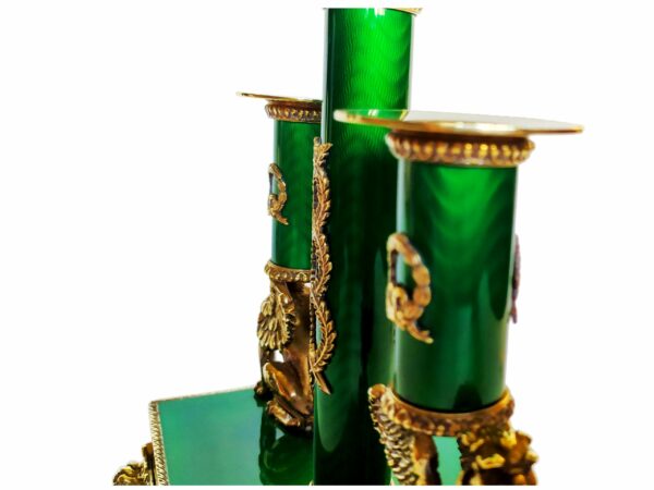 Salimbeni Candlestick Sterling Silver Green Fire Enameled Guilloché Engraved - Image 3