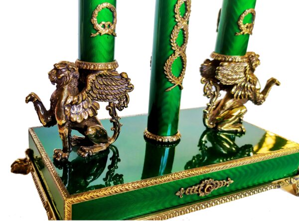 Salimbeni Candlestick Sterling silver Green fire Enameled guilloche hand engraved 4 scaled