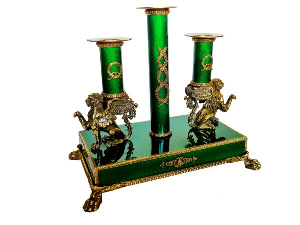Salimbeni Candlestick Sterling silver Green fire Enameled guilloche hand engraved 6 scaled