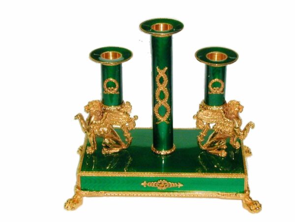 Salimbeni Candlestick Sterling Silver Green Fire Enameled Guilloché Engraved