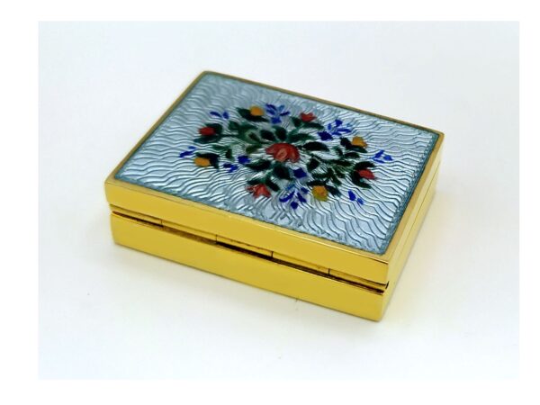 Salimbeni Pillbox Sterling Silver Sky fired enamels and hand painted floral miniature. 3 scaled
