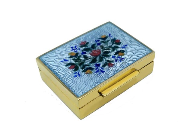 Salimbeni Pillbox Sterling Silver Sky fired enamels and hand painted floral miniature. Main Image scaled