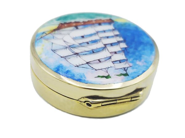 Salimbeni Pillbox Sterling Silver with Sailboat hand painted with fired enamel. 1 scaled