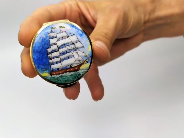 Salimbeni Pillbox Sterling Silver with Sailboat hand painted with fired enamel. 3 scaled