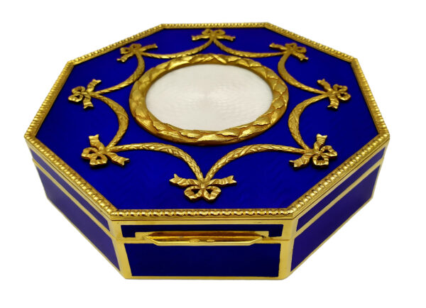 Salimbeni Table Box with Russian Impero Style ornaments on blue and white enameling. Main Image scaled