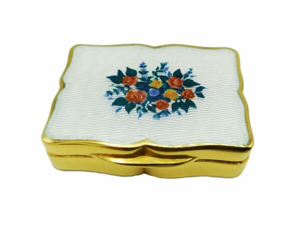 Pill Box Shaped Guilloche Enamel Box Floral Wreath Salimbeni