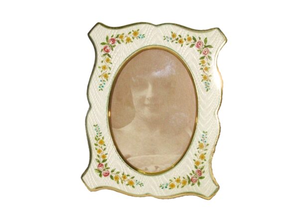 Salimbeni1891 Shaped Photo Frame in Sterling Silver with fired White enamels on guilloche and hand painted floral miniatures. Main image scaled