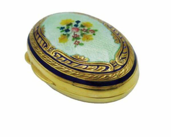 Oval Snuff Box or Pill Box Guilloche Enamel Hand-Painted Floral Wreath Salimbeni - Image 5