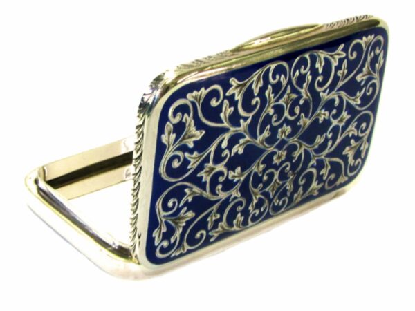 Sterling Silver Cigarette Case, Hand Engravings and Blue Fire Enamel Salimbeni - Image 2
