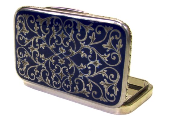 Sterling silver Cigarette case Hand Engravings and blue fire Enamel Salimbeni 2 scaled