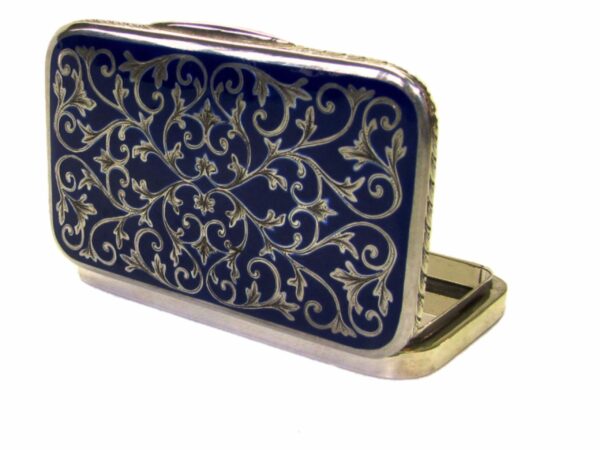 Sterling Silver Cigarette Case, Hand Engravings and Blue Fire Enamel Salimbeni - Image 3