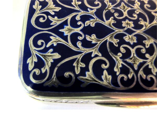 Sterling silver Cigarette case Hand Engravings and blue fire Enamel Salimbeni 5 scaled