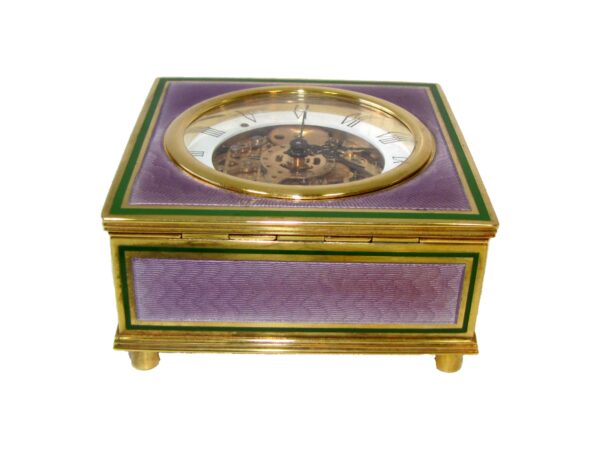 Sterling silver Table clock shaped square box fire Enameled guilloche Salimbeni 6 scaled