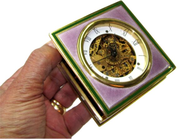 Sterling silver Table clock shaped square box fire Enameled guilloche Salimbeni 7 scaled