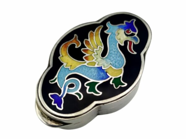 Salimbeni Pillbox dragon Art Deco Sterling Silver enamel. Front view. 2