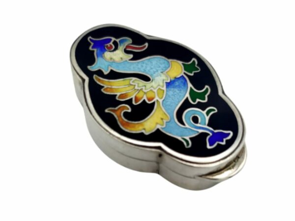 Salimbeni Pillbox dragon Art Deco Sterling Silver enamel. Front view.
