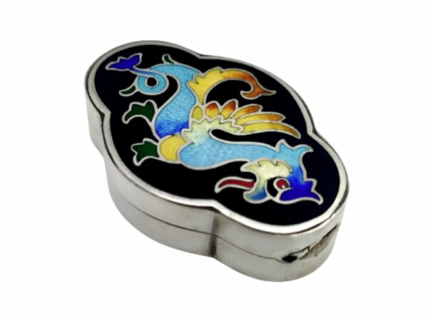 Salimbeni Pillbox dragon Art Deco Sterling Silver enamel. Front down view.