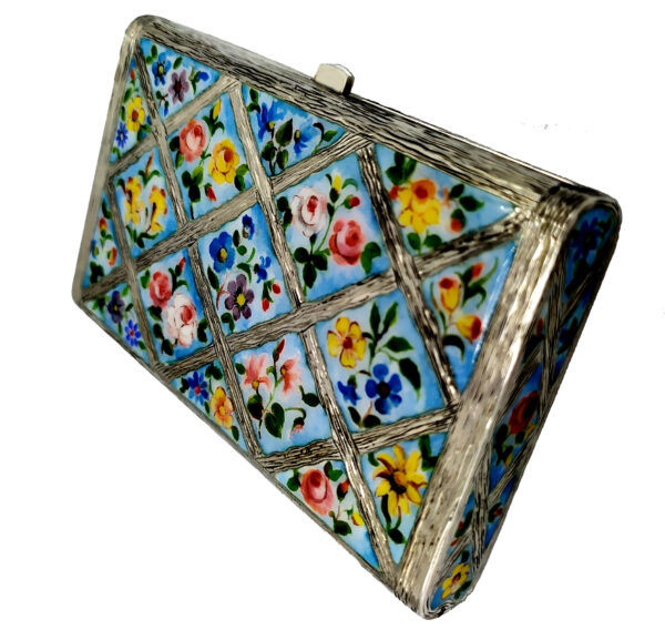 Salimbeni Sterling Silver Box with hand painted fired enamelled flowers. 1 rotated