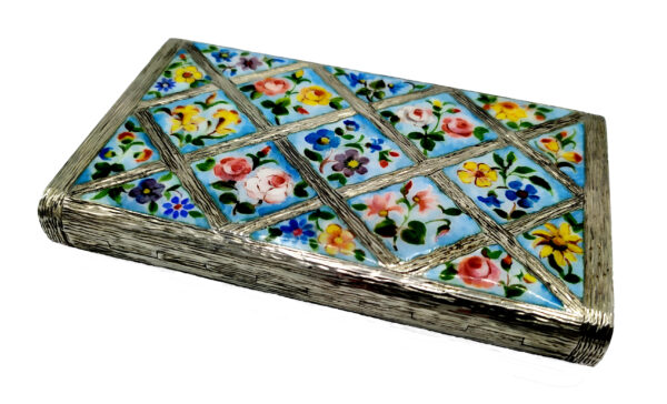 Salimbeni Sterling Silver Box with hand painted fired enamelled flowers. 2 scaled