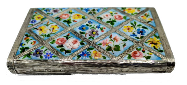 Salimbeni Sterling Silver Box with hand painted fired enamelled flowers. 4 scaled