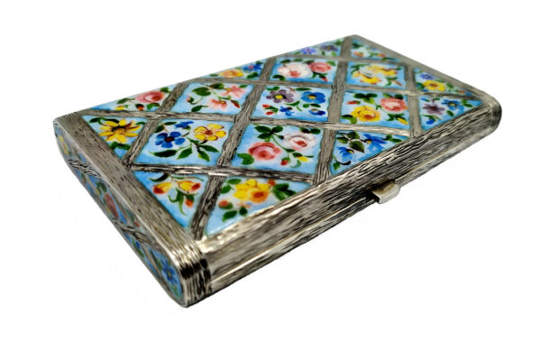 Salimbeni Sterling Silver Box with hand painted fired enamelled flowers. 5 scaled