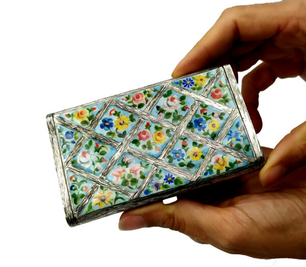 Salimbeni Sterling Silver Box with hand painted fired enamelled flowers. 6