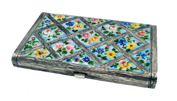 Salimbeni Sterling Silver Box with hand painted fired enamelled flowers. 8