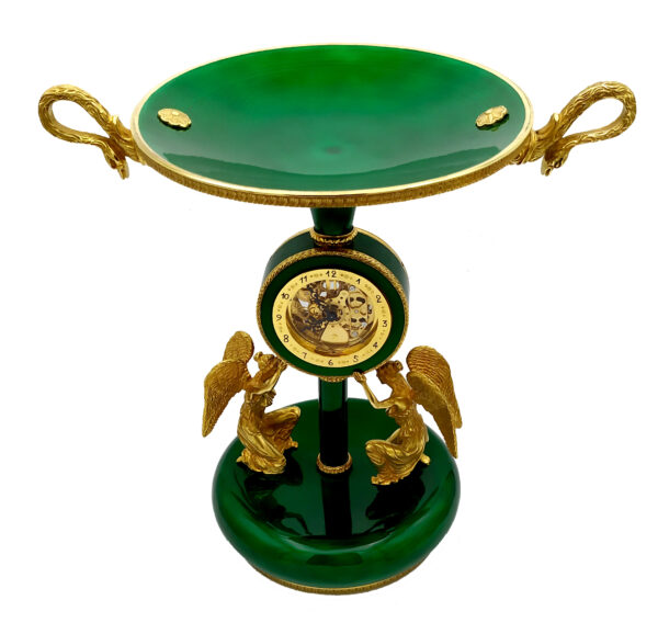 Salimbeni green Centerpiece with clock fired enamels on guilloche. 00