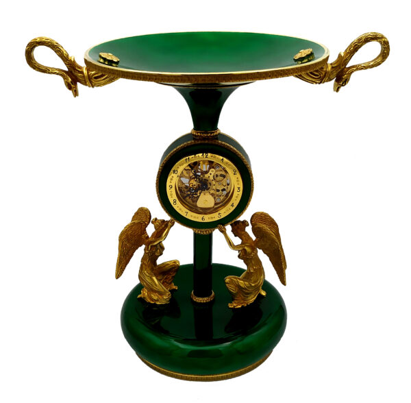 Salimbeni green Centerpiece with clock fired enamels on guilloche. 01