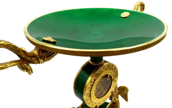 Salimbeni green Centerpiece with clock fired enamels on guilloche. 16 scaled