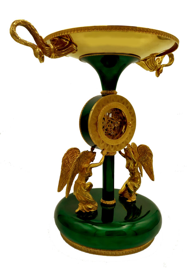 Salimbeni green Centerpiece with clock fired enamels on guilloche. 19 scaled