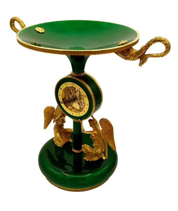 Salimbeni green Centerpiece with clock fired enamels on guilloche. 4