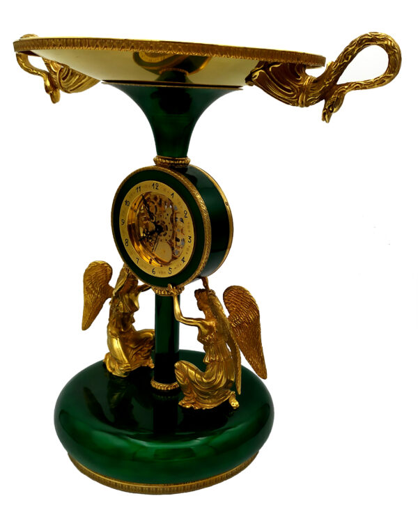 Salimbeni green Centerpiece with clock fired enamels on guilloche. 5 scaled