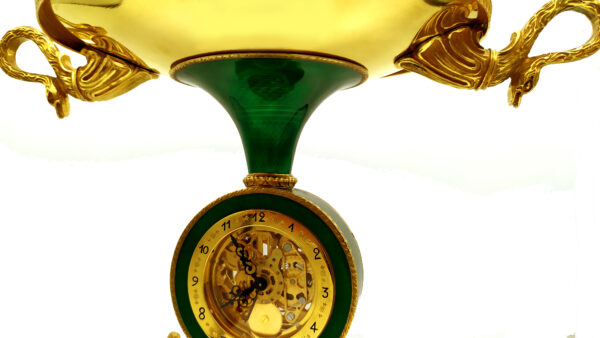 Salimbeni green Centerpiece with clock fired enamels on guilloche. 9 scaled