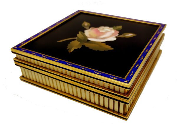 Salimbeni table Box with Rose fine Mosaic in Semiprecious Stones pure Gold Paillons and enameled Sterling Silver. 12 scaled