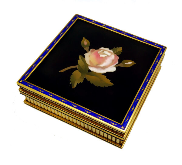 Salimbeni table Box with Rose fine Mosaic in Semiprecious Stones pure Gold Paillons and enameled Sterling Silver. 13