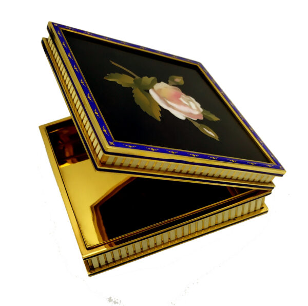 Salimbeni table Box with Rose fine Mosaic in Semiprecious Stones pure Gold Paillons and enameled Sterling Silver. 14
