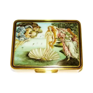 Birth of Venus Box Salimbeni is a table box, rectangular with rounded corners in 925/1000 sterling silver gold plated. Birth of Venus Box has a fine hand-painted, fire-enameled miniature signed by the painter Beatrice Mellana, reproducing the famous painting "Birth of Venus" by Sandro Botticelli kept in the Uffizi Gallery in Florence.
