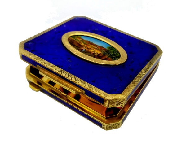Salimbeni Blu fired enamel Table Box Sterling Silver miniature hand painted on mother of pearl. 8 scaled