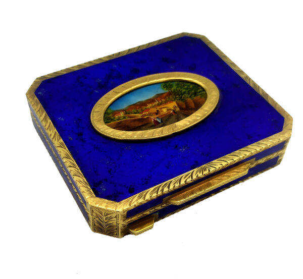 Salimbeni Blu fired enamel Table Box Sterling Silver miniature hand painted on mother of pearl. 9