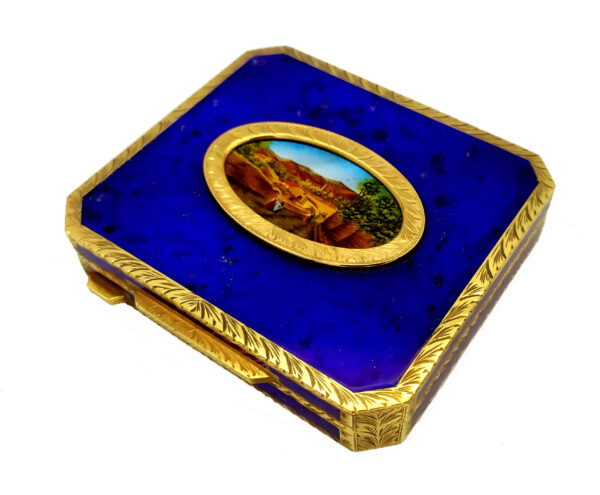 Salimbeni Blu fired enamel Table Box Sterling Silver miniature hand painted on mother of pearl. main image scaled